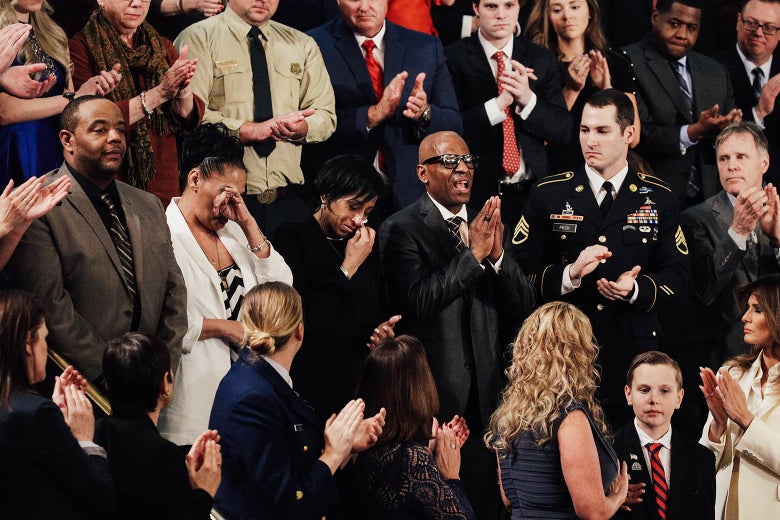 Robert Mickens, Elizabeth Alvarado, Evelyn Rodriguez, and Freddy Cuevas, parents of children who were murdered by MS-13, are acknowledged as U.S. President Donald J. Trump delivers the State of the Union on Tuesday.
